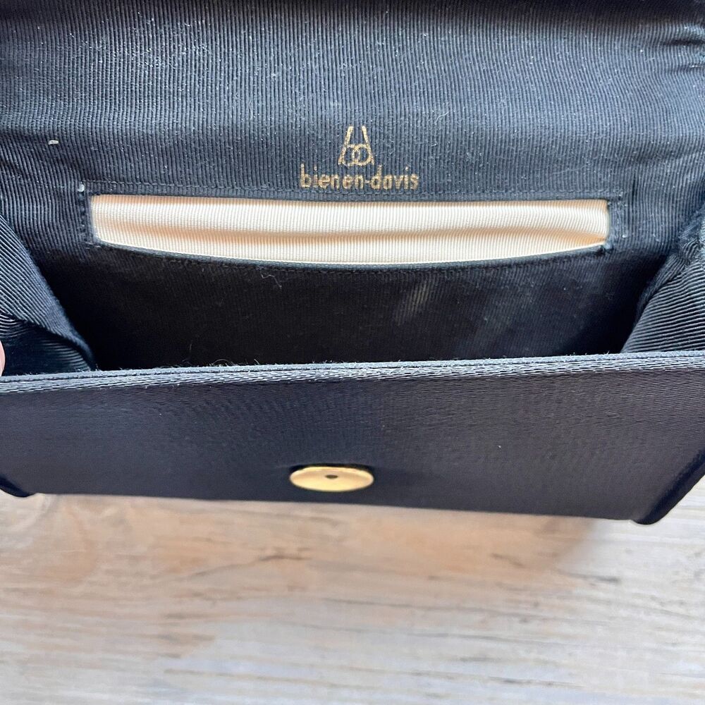 Bienen-Davis Black Satin Clutch Evening Bag Gold Monogram Clasp Vintage - Picture 4 of 8